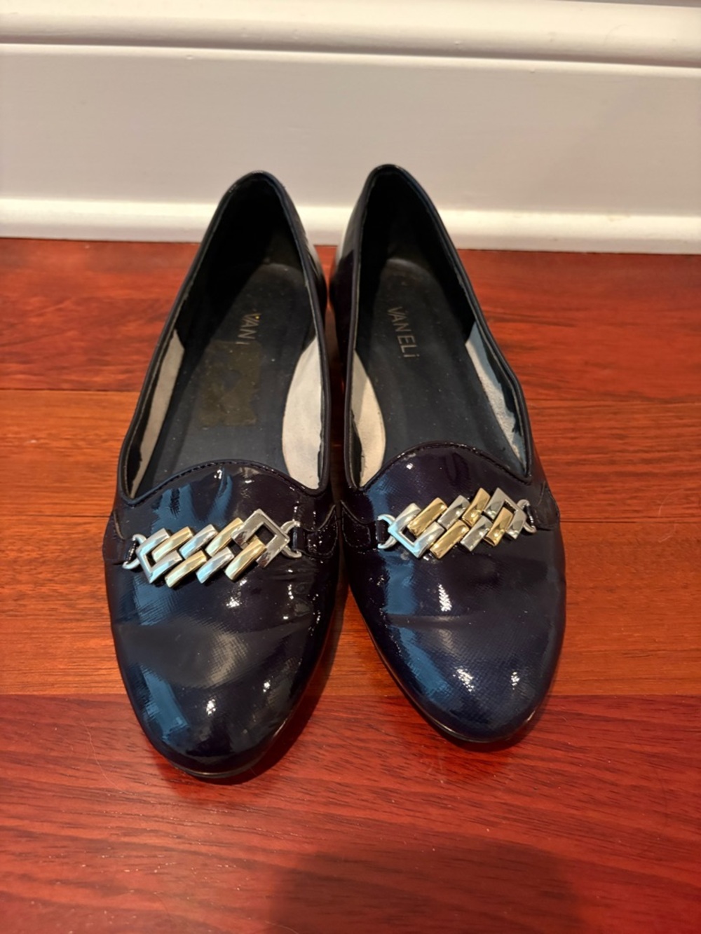 Vaneli Navy Patent Loafers with Gold Chain Detail